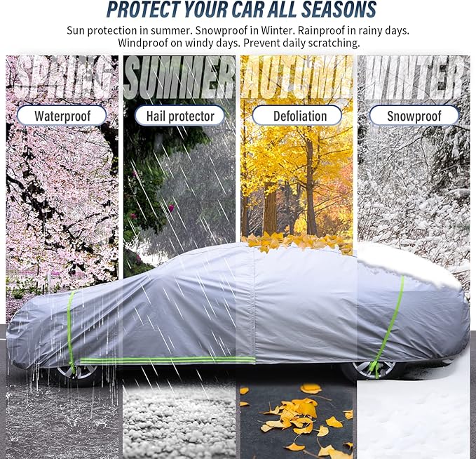 BYDOLL Car Cover Waterproof All Weather 6 Layers Snowproof Windproof Hail Protector Full Exterior Covers UV Protection 210D Oxford Universal Fit Sedan Outdoor Automobiles Zipper Cotton Inside