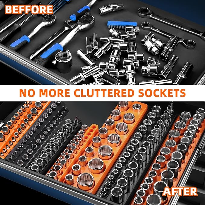 Magnetic Socket Organizer Holder Set – 8-Piece Tool Organizers Including 1/4", 3/8" and 1/2" Drive Socket Holder Metric & SAE 207 Pieces Socket Trays (Sockets are not Included)