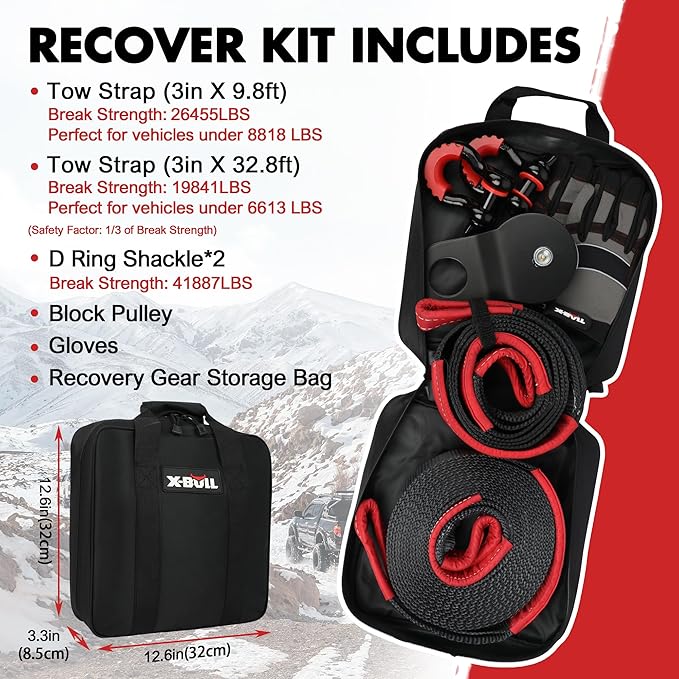 X-BULL Off-Road 4×4 Recovery Kit - Heavy Duty 3'' x 30' (31518LBS) 100% Nylon Tow Strap+41887lbs Break Strength D-Ring Shackles (2pcs)+Block Pulley+Gear Storage Bag +Gloves for ATV/UTV Jeep Truck