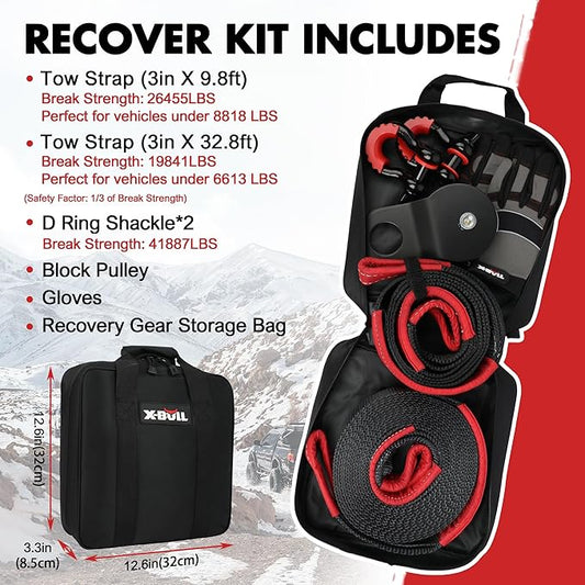 X-BULL Off-Road 4×4 Recovery Kit - Heavy Duty 3'' x 30' (31518LBS) 100% Nylon Tow Strap+41887lbs Break Strength D-Ring Shackles (2pcs)+Block Pulley+Gear Storage Bag +Gloves for ATV/UTV Jeep Truck