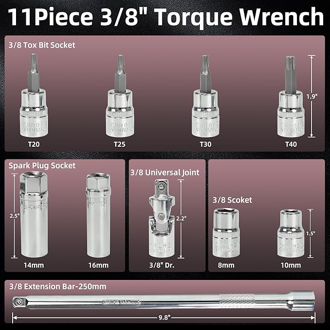 11Pcs 3/8 Inch Drive Spark Plug Socket Set with 72 Tooth Click Torque Wrench 5-45FT.LB/6.8-61N.M - Heavy Duty Magnetic Swivel Spark Plug Socket for Easy Access & Removal of Spark Plugs