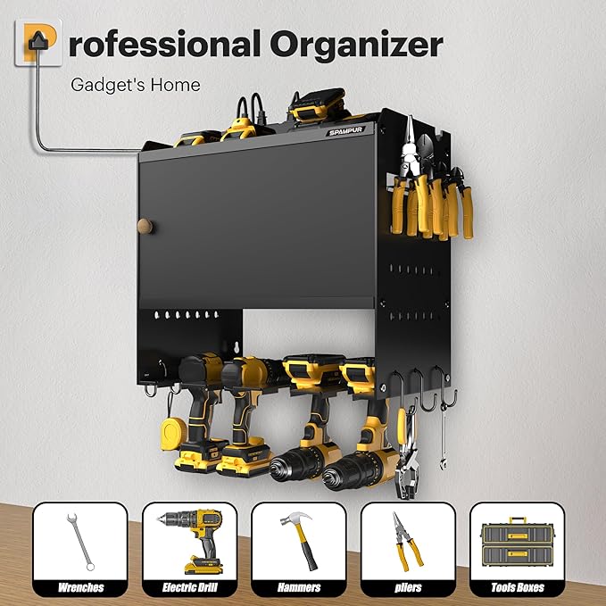 Spampur Power Tool Organzier with Charging Station, Garage Storage Cabinet with Doors and Shelves, Metal Wall Mount Rack with 4 Drill Holder/4 Outlet Power Strip, Tool Rack for Workshop/Shed/pegboard