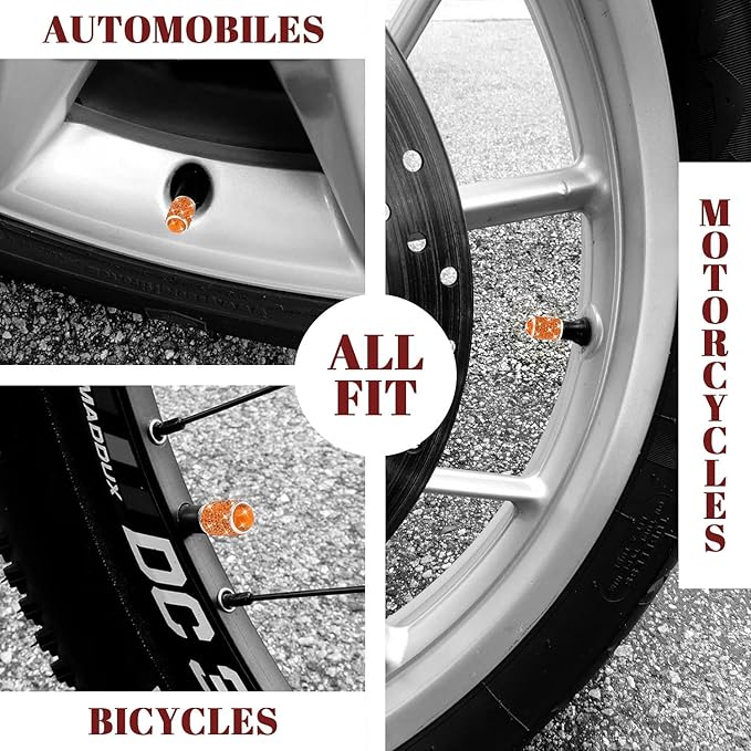 ToBeQueen Bling Orange Car Tire Valve Caps, 4 Pack Handmade Crystal Rhinestone Diamond Tire Caps Universal Dustprood Bling Car Accessories for Car/SUV/Motorcycle/Bike(Orange)