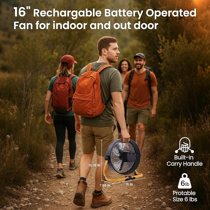 15" Rechargable Battery Operated Fan for Camping,12 Speeds Cordless Floor Fan，Rechargeable Portable Fan for Travel Indoor Outdoor, 12000mAh, 360°Manual Tilt