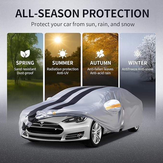 Multi-Layer Car Cover Custom Fit for Tesla Model S(2012-2026), 100% Waterproof All Weather for Automobiles, Gift with Towel, Heavy Duty Car Covers for Rain Sun UV Protection with Door Zipper