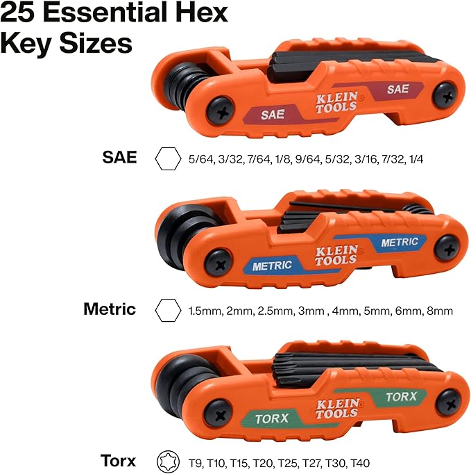 Klein Tools 70543 3-Piece Compact Folding Hex Key Set, Metric, SAE, Torx Sizes, 25 Keys, Industrial Strength Heat Treated Alloy Steel