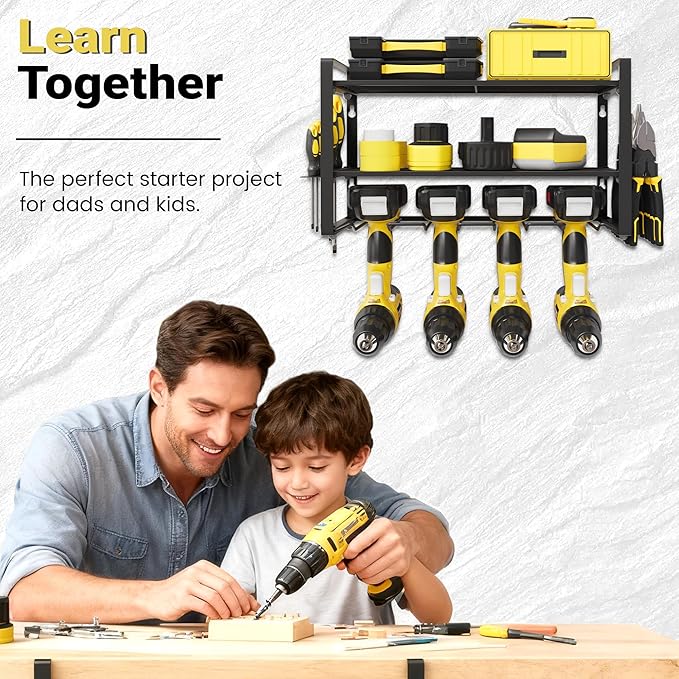 Power Tool Organizer Wall Mount, 3-Tier Heavy Duty Metal Rack Loads 180lbs with 4 Drill Holders and Side Hooks, Tool Battery Utility Rack Suitable Garage﻿