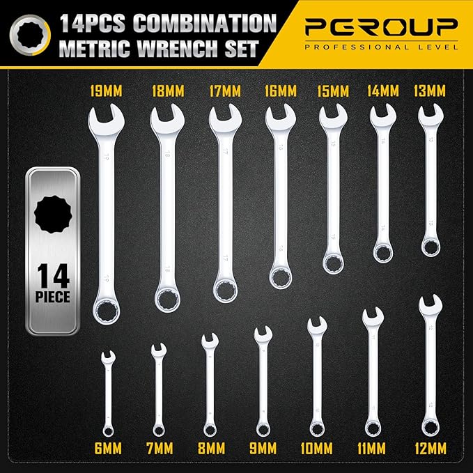 14 Piece Combination Wrench Set，6mm-19mm Metric Wrench Set, Open End and 12-Point Box End Wrenches, CR-V Steel Mirror Chrome Polished,With Wrench Roll