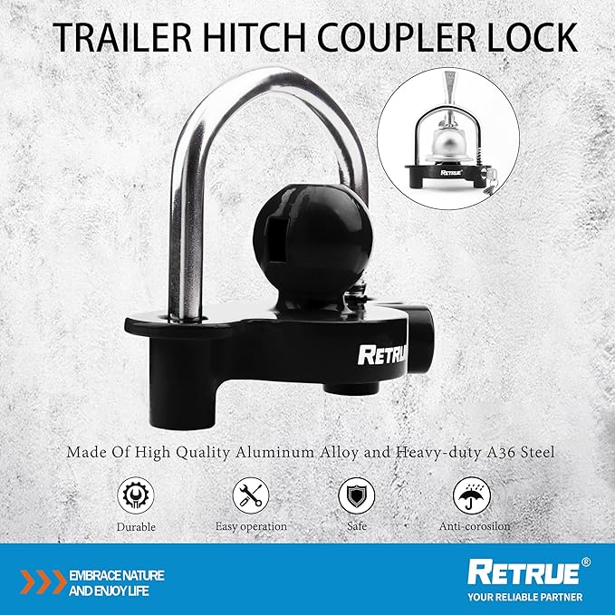 RETRUE Universal Coupler Lock Trailer Locks Ball Hitch Trailer Hitch Lock Adjustable Security Heavy-Duty Steel Fits 1-7/8 Inch, 2 Inch, 2-5/16 Inch Couplers Black (Pack of 2)