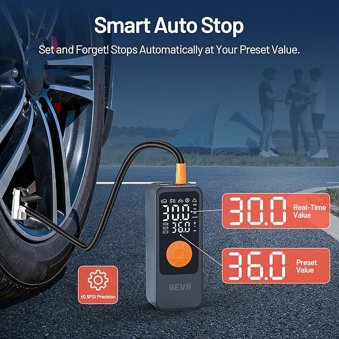 BEVA Tire Inflator Portable Air Compressor, 4X Faster Inflation Air Pump with Digital Pressure Gauge, 150PSI Cordless Tire Inflator with LED Light for Car, Electric Bikes, Motorcycle, Bike, Ball