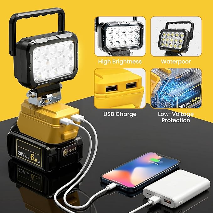 2PCS Cordless LED Work Light for DEWALT Battery, 58w 4800lumens Battery Powered Work Lights for Battery, Portable LED Light with Two USB Charging Port for Workshop, Outdoor, Emergencies