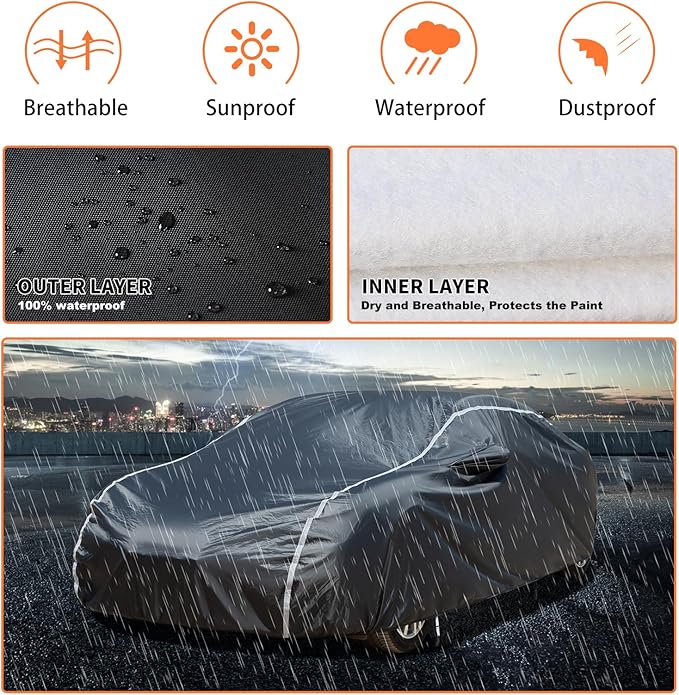 Coverado 6 Layers Car Cover Waterproof All Weather, Soft Cotton Lined Coupe Cover, Outdoor Heavy Duty Car Covers Rain Snow UV Hail Protection, Full Covers Universal Fit for Sports Car (173"-182")