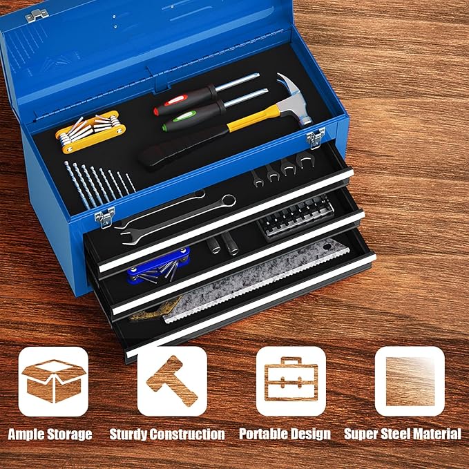 Goplus Tool Box with 3 Drawers, 4-Tier 20.5" Portable Tool Chest Organizer with Top Tool Tray, Auto Lock, Protective Liner, Handle, Steel Metal Small Toolbox for Gargae, Workshop, Home