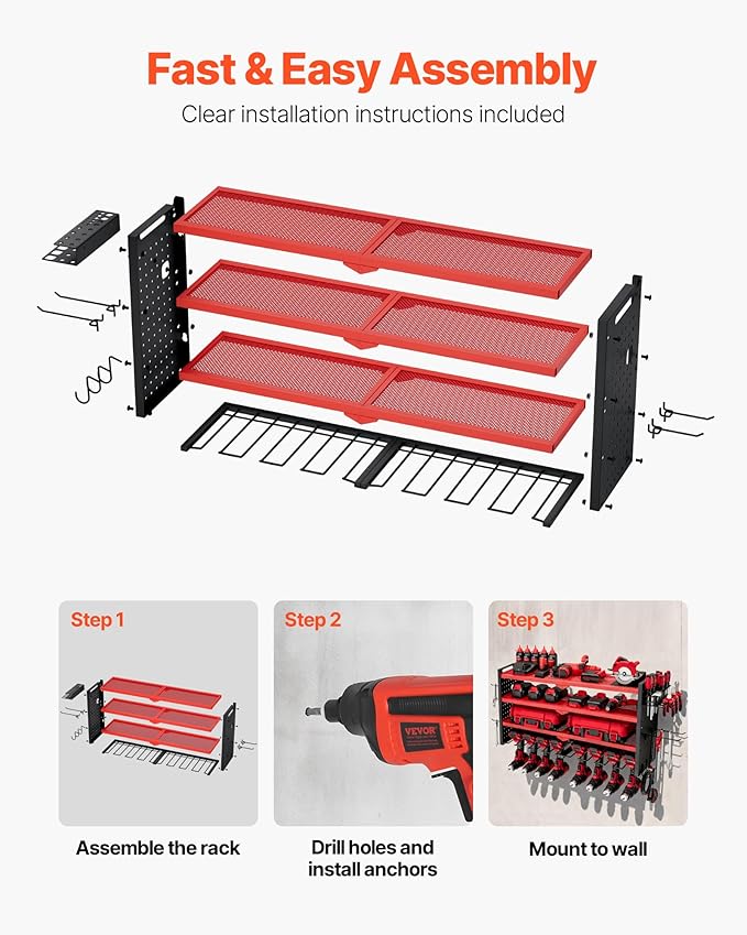 VEVOR Power Tool Organizer Wall Mount, 4-Layer Storage Rack with 8 Drill Holders, Tools Holder and Storage Rack with Side Pegboards, Garage Tool Organizer for Garage, Workbench, and Workshop