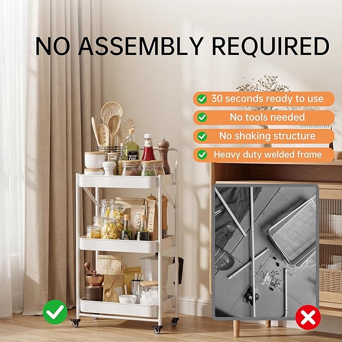 JAQ Foldable Rolling Cart, 3-Tier No Assembly Metal Utility Cart with Handle, Heavy Duty Folding Storage Trolley Organizer on Wheels for Kitchen, Office, Craft Art, Baby Diaper, Snacks, Books, White