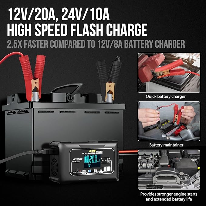 NEXPEAK NC301 20-Amp Car Battery Charger, 12V and 24V Smart Fully Automatic LiFePO4 Battery Charger Maintainer Trickle Charger w/Temp Compensation for Car Truck Boat Lead Acid Batteries