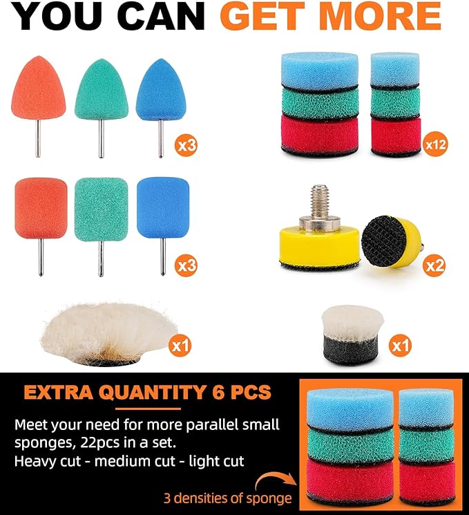 SI FANG 22 Pcs Mini Buffing Polishing Pads Kit, Car Details Mini Polisher Foam Pads for Drill Rotary Tool Buffer Tight Area Detailing Paint Polish Waxing & Glaze, Interior Headlight Door Handles