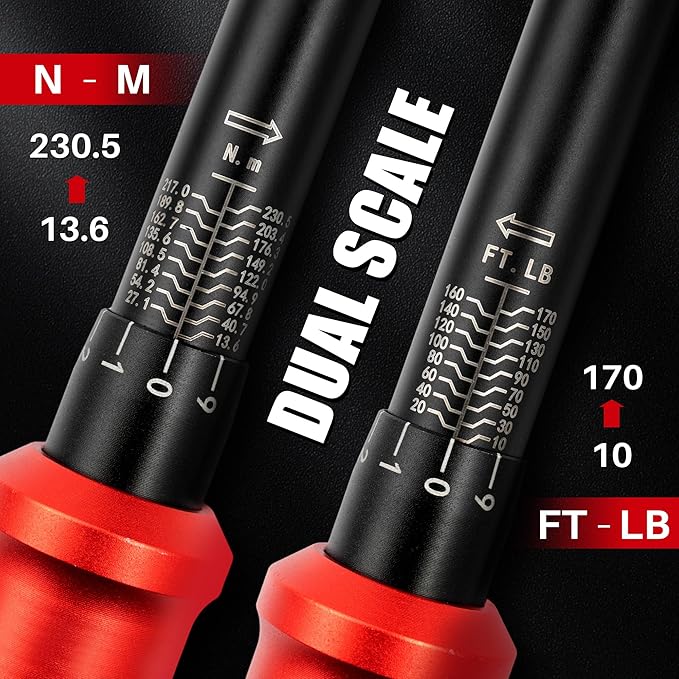 21Pcs Torque Wrench Set,1/2" Drive 10-170 Ft-Lb/13.6-230.5Nm,Inch Pound Click Torque Wrench,72T Dual Direction 3% Precision Adjustable Torque for Car Repair,Motorcycle,Lug Nut