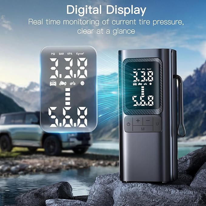Tire Inflator Portable Air Compressor,150 PSI Cordless and 12V DC Dual Power Mini Tire Pump with Pressure Gauge Digital Display,Auto Shutoff Function & LED Light for Car,Ball,Motorcycle,Bike
