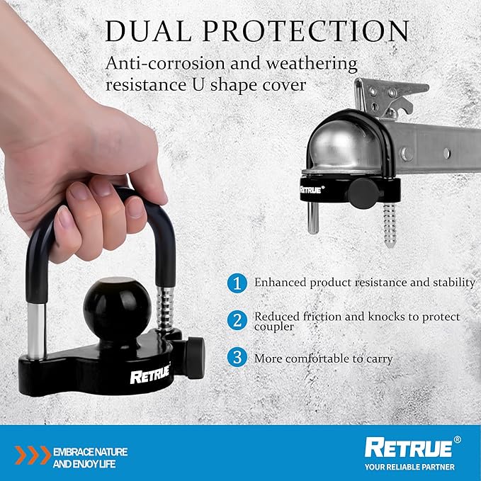 RETRUE Universal Trailer Ball Lock Hitch Coupler Locks Fits 1-7/8 Inch, 2 Inch, 2-5/16 Inch Couplers Adjustable Security with Weatherproof Cover and Cap, Black