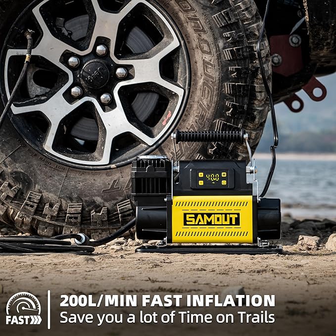 SMAOUT 12V Digital Air Compressor, Offroad Portable Inflator 7.06 CFM, Air Pump Max 150PSI for Heavy-Duty Tires, with LCD Control Panel to Preset Target Pressure, 4x4 Vehicle, SUV, RV