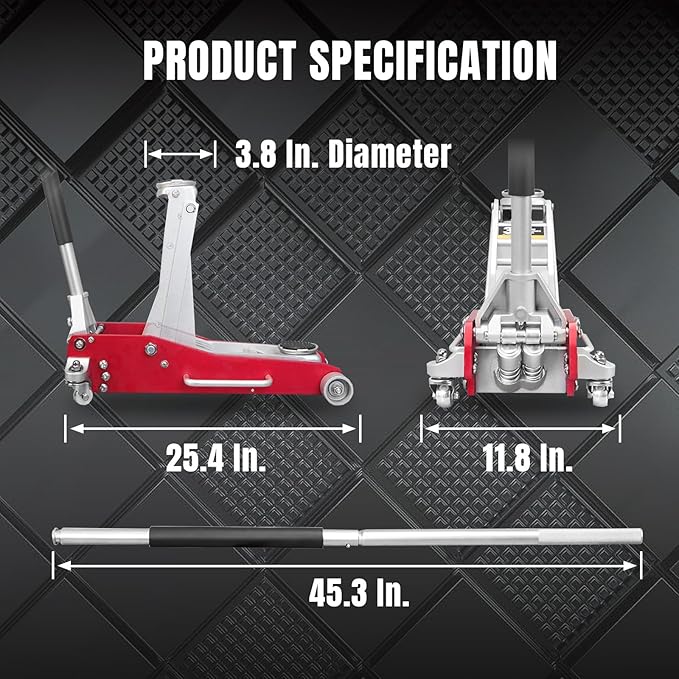 Big RED 3 Ton Floor Jack,Full Aluminum Ultra Lightweight Low Profile Car Jack with Dual Piston Quick Lift Pump,Hydraulic Racing Floor Jack for Vehicle,6,000 lb Capacity,Red,TAM830003XL