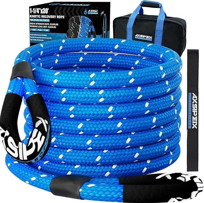 Kinetic Recovery Rope (Reflective) | 1.25in x 30ft 56,000Lbs Heavy Duty, 35% Elasticity Tow Rope - Offroad Snatch Strap for 4x4 Truck SUV UTV ATV Jeep