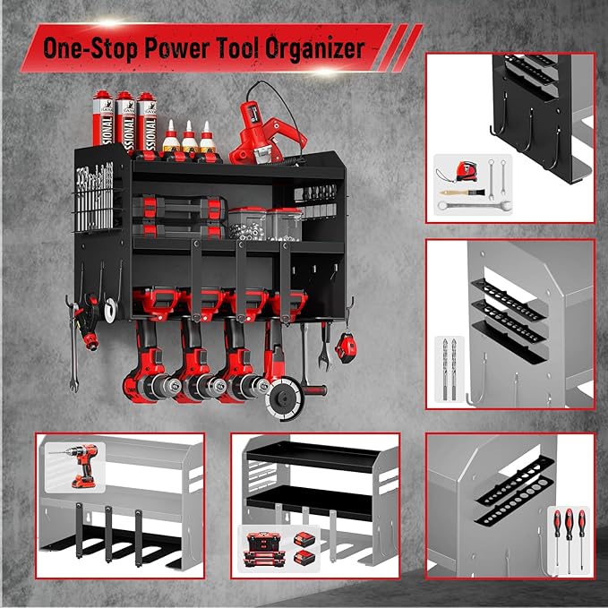 Hipidian Power Tool Organizer Wall Mount: Heavy Duty Storage Organization Stand Cordless -3 Layers Large Garage Organizer with Drill Holder -Metal Steel Utility Rack Hooks Screwdriver -Gifts for Man
