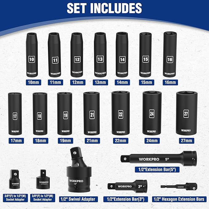 WORKPRO 20-Piece 1/2＂ Drive Deep Impact Socket Set, 6-Point, Cr-V Steel, 10-27mm, Universal Joint, Adapter and Extension Bar, Metric