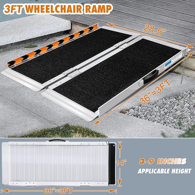 Portable Wheelchair Ramp 3Ft, Heavy-Duty Ramps for Wheelchairs for Home Steps(800LBS), Non-Slip Folding Aluminum Threshold Ramps for Doorways Steps, Stairs, Threshold (3Ft Useing Height 3-9inch)