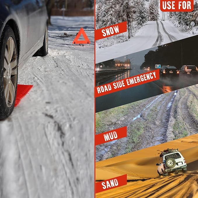 Koolatron Oskar Emergency Roadside Kit – 3-Piece Vehicle Safety Set with Folding Tire Traction Mats & Reflective Warning Triangle – Car, SUV, Truck Essentials for Snow, Ice, Mud, Sand
