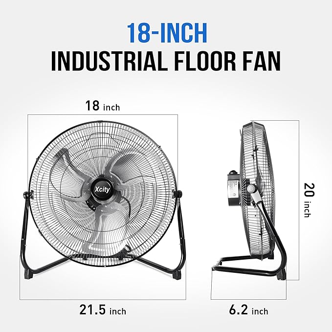 Xcity 18-Inch Metal Floor Fan, High Velocity 4000 CFM Industrial Fan, 3-Speed & 360° Adjustable Tilt, Heavy Duty for Garage, Warehouse, Office & Home