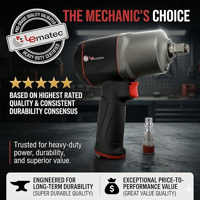 LE LEMATEC 1/2" Impact Wrench - High Torque 1000 ft-lbs, Twin Hammer Pneumatic Impact Gun, Lightweight Aluminum Housing, 8500 RPM for Auto Repair & Tire Shops - LE-IWT-R102