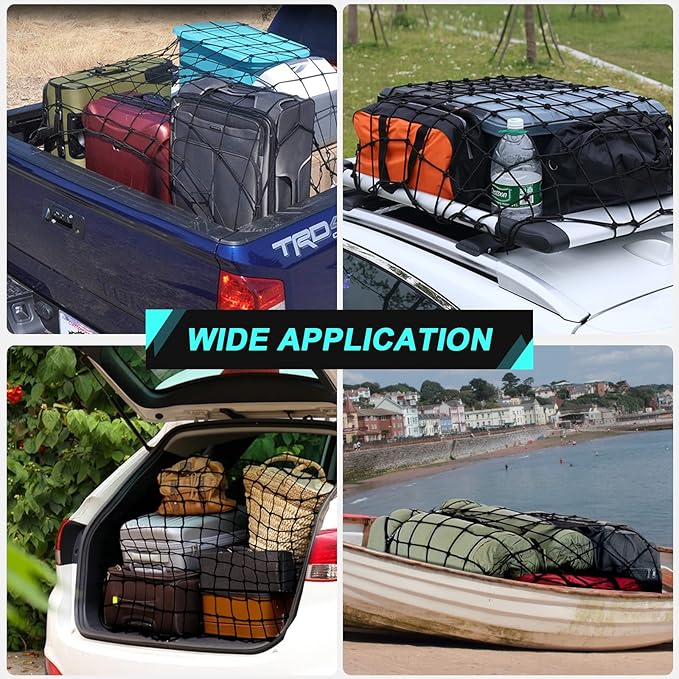 Cargo Net for Pickup Truck Bed, 4'x6' Stretches to 8'x12' Natural Latex Core Heavy Duty Bungee Cargo Net with 12 Carabiners +12 ABS Hooks, Compatible with Ford, Dodge, Chevrolet, Toyota, GMC