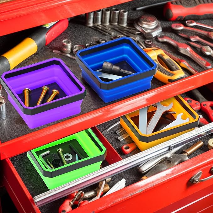 Barydat 10 Pcs Magnetic Tool Tray Collapsible Foldable Parts Trays Set Magnetic Screw Tray Magnetic Parts Bowl Square Silicone Magnetic Tool for Bolts Nuts Washers Pins Screw Parts (Multicolor)