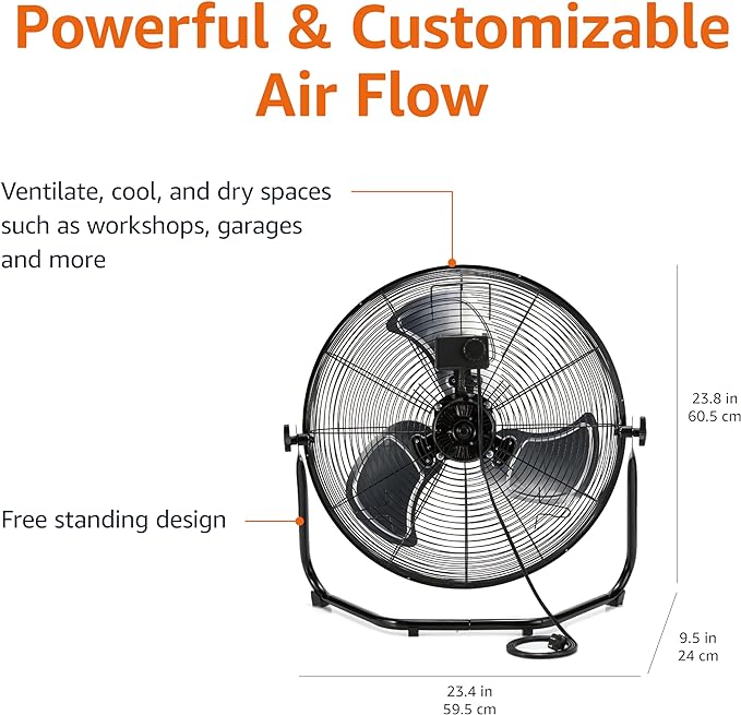 Amazon Basics 20" High Velocity Industrial Cooling Floor Fan with 3 Speeds, Tilt Head, ETL-Listed Safety Compliance, Metal Housing and Blades, for Commercial Space/Garage/Gym, 125W, Black