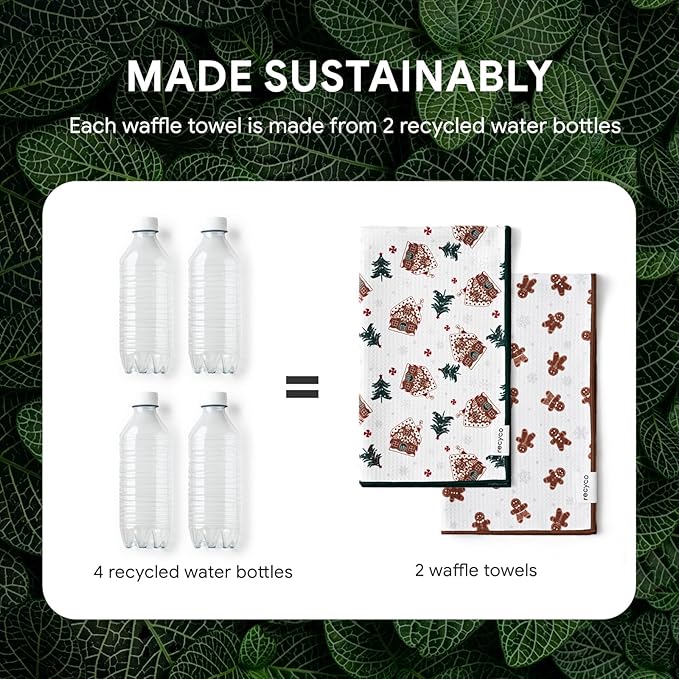 RECYCO Christmas Waffle Kitchen Towel Set of 2 - Quick Dry Microfiber Sustainable Dish Towels - Ultra Absorbent Reusable Cleaning Tea Towels - Lightweight Hand Towels,16”x 28”, Gingerbread Joy