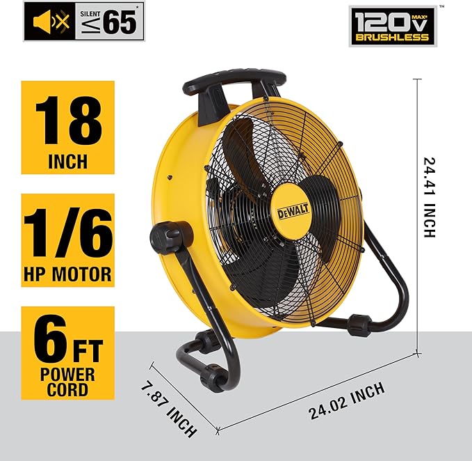 DEWALT DXF1840 Floor Fan, Industrial Fans, 18 Inch High Velocity Fan with 3-Speed Heavy Duty Air Circulator and 180 Adjustable Tilt, Large Electric Metal Rotating Garage Fan, Drum fan for Work, Yellow