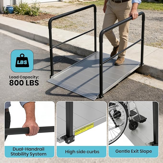 4FT Wheelchair Ramp with Handrails, Heavy Duty 800 lbs Capacity, Aluminum Threshold Ramp for Home Steps, Doorways & Curbs - Semi-Permanent Non-Slip Access for Wheelchairs, Scooters, Seniors & Disabled