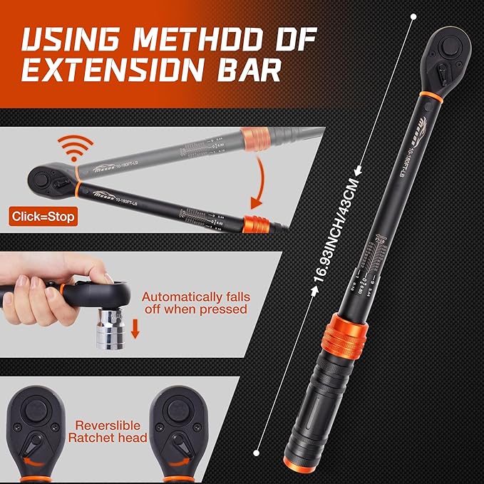 1/2-Inch Drive Click Torque Wrench, 10-180 Ft-Lb/13.6-244.0 Nm, Dual-Direction 72-Tooth Ratchet, ±3% Precision with Dual Scale Torque Wrenches for Bike, Motorcycle & Car