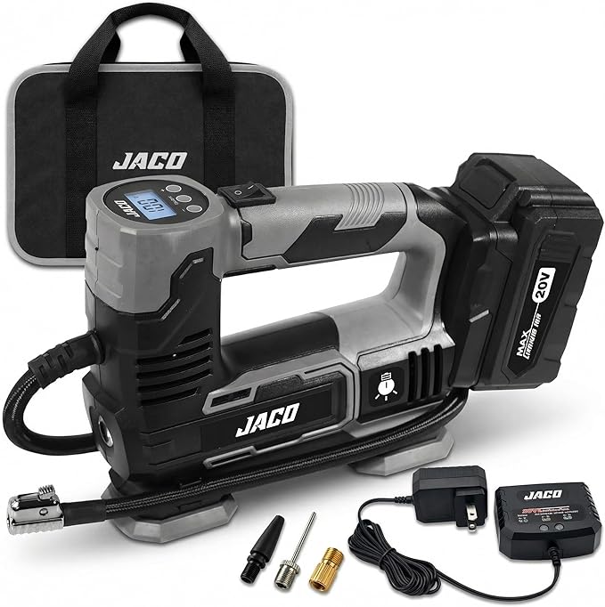 JACO 20V Cordless Tire Inflator Portable Air Compressor Pump | with 3.0Ah Max Li-Ion Rechargable Battery