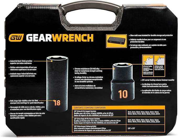 GEARWRENCH 29 Piece 3/8" Drive 6 Point Metric Hi-Viz Standard & Deep Impact Socket Set | 84925H