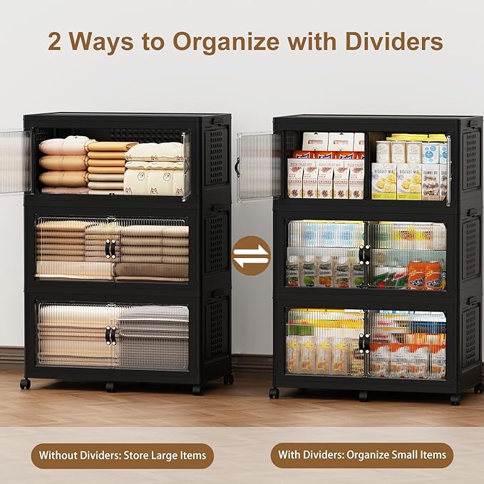 SAILUN 145Gal/579Qt Stackable Storage Bins Folding Collapsible Storage Bins with Lid, Closet Organizers and Storage Box with Door Black 33.5" W x 19" D x 53" H