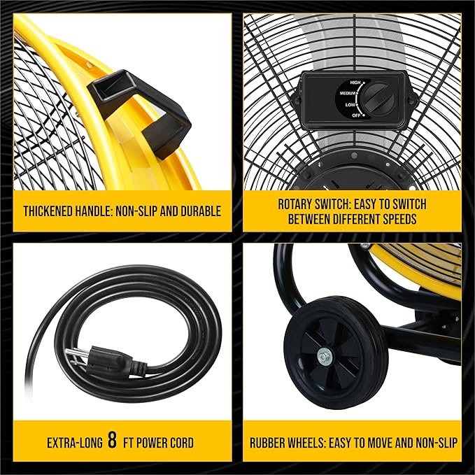 Tornado 24" Metal Drum Fan - High Velocity, 7700 CFM, 3-Speed, Heavy Duty for Industrial & Commercial Use, 1/3 HP Motor, 8 FT Cord, ETL Listed