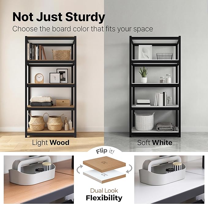 HOMEDANT House 24.4" W 5 Tier Heavy Duty Garage Shelving Adjustable Metal Rack Storage Shelves Standing Shelf Unit Organizers Pantry Closet Office Black 2Pack