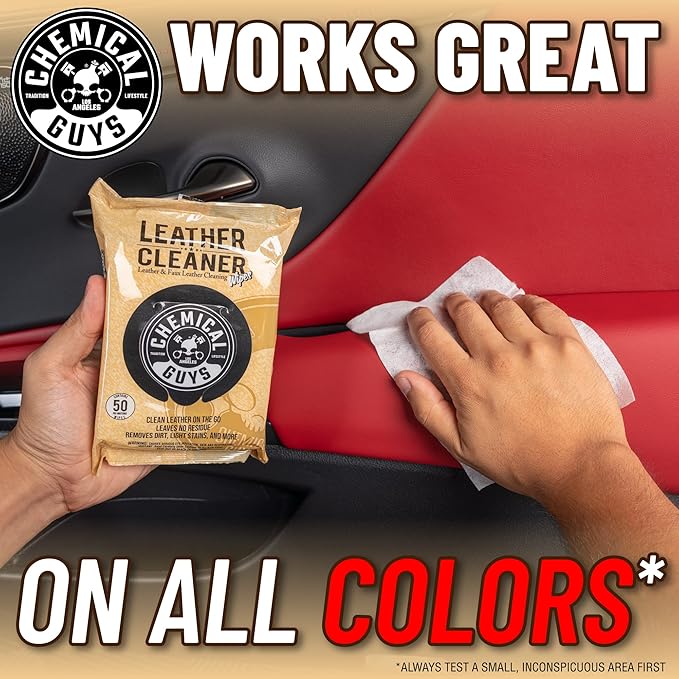 Chemical Guys Leather Cleaner Wipes Mega 50 Pack - Interior Leather Wipes for Cars, Natural, Synthetic, Faux & Pleather Surfaces, Safe for Cars, Trucks, Furniture, Boots & More, Convenient 50 Count