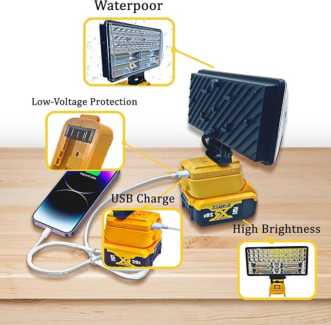 Cordless LED Work Light for Dewalt 20V Battery，90W 5400ML LED Wide Beam Flood Light with Two USB Charging Port Light for Emergency,Workshop,Garage.(No Battery)