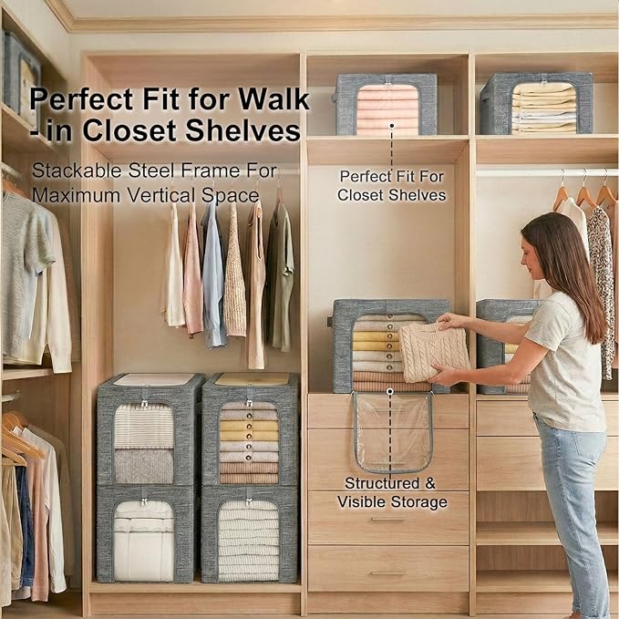 GoMaihe Clothes Storage Bins Metal Frame: 6-Pack Compact Stackable Closet Storage Bin with Lid & Clear Window, Space Saving Organizer for Sweaters Kids Clothing (Dorm/Closet 27L)