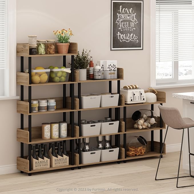 Furinno TURN-N-TUBE Display Shelf, 3-Tier Storage Shelves with Side Panels, Open Shelves Book Shelf with Rounded Corner Top Edges, for Organization and Storage, Living Room, Home Office, Flagstaff Oak