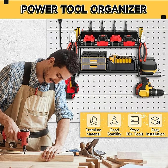 Power Tool Organizer Wall Mount, 2 Layers Heavy Duty 4 Cordless Drill Holder Tool Storage Rack with 8 Power Strip Battery Charging Station,Pliers Screwdrivers Organizer for Garage, Workshop,Tool Room